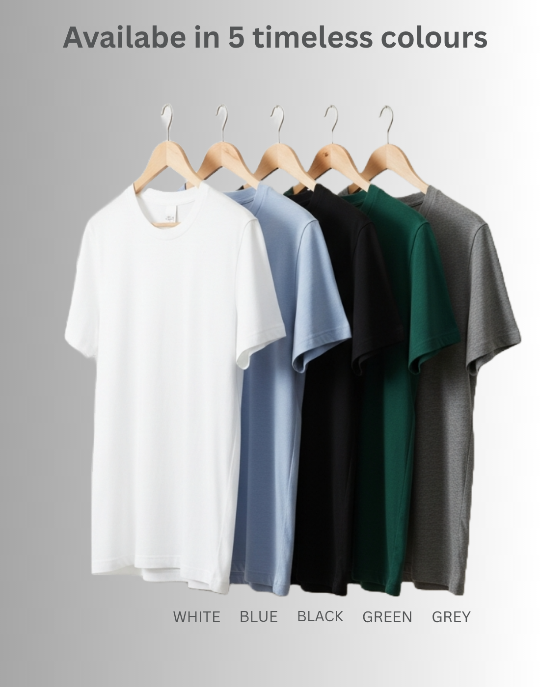 Men’s 5 Pack Black T‑Shirts – 100% Cotton, Short Sleeve, Regular Fit in White/Light Blue/Black/Dark Green/Charcoal Grey