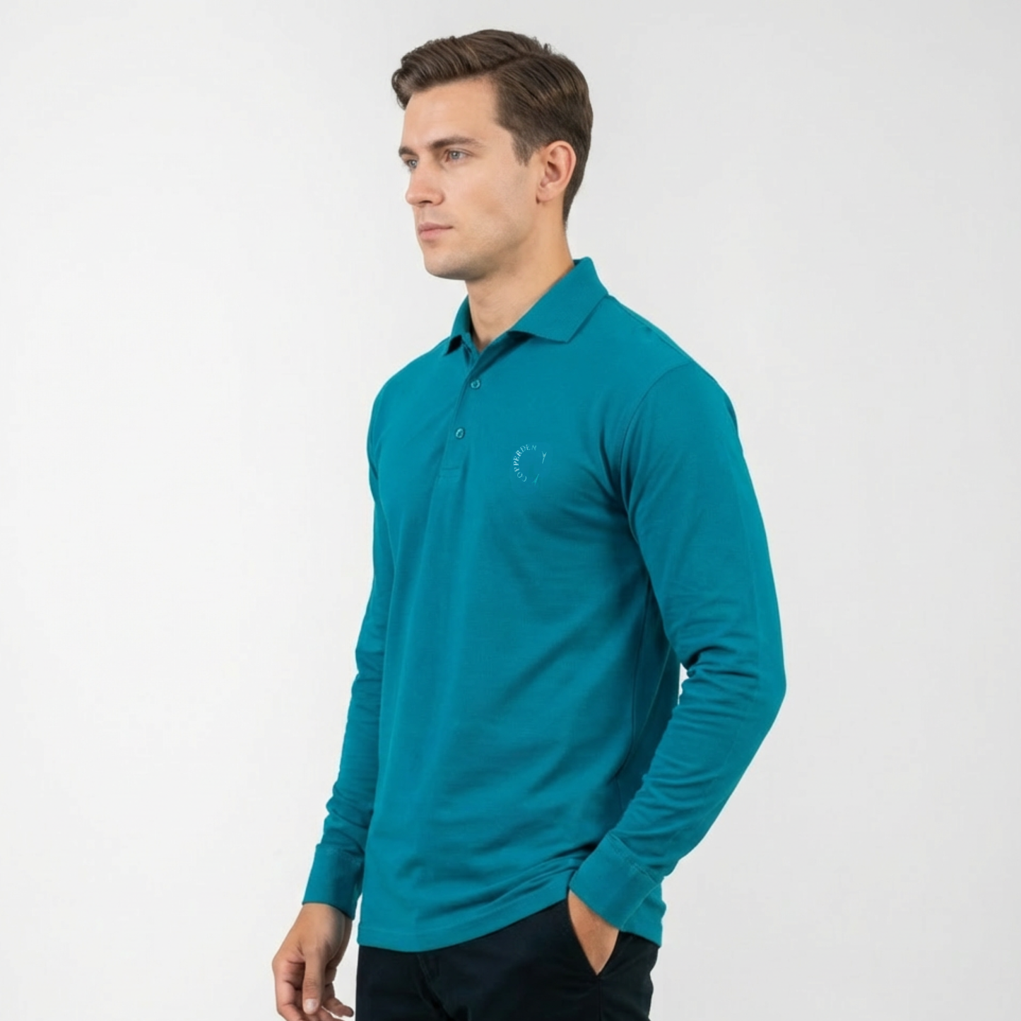 Copperden Regular Fit 100% Double Pique Cotton Polo in  Muted Teal – Full Sleeve